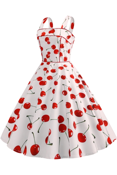 Womens Trendy Vintage Allover Cherry Pattern Sleeveless White Midi Flared Swing Dress