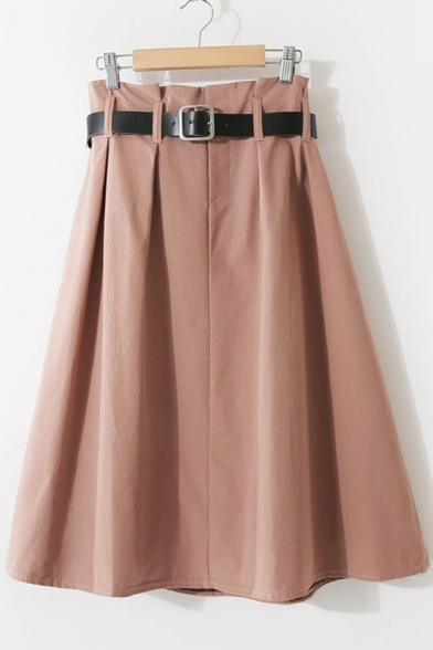 Womens Trendy Washed Cotton Plain Belted Waist Midi Flared Skirt