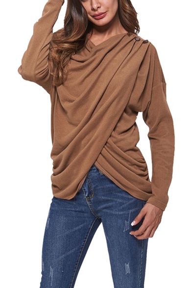 Womens Unique Simple Plain Pleated Crossover Patched Long Sleeve Casual T-Shirt