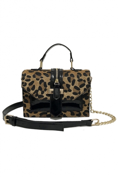 Chic Leopard Pattern Zipper Embellishment Crossbody Satchel Bag with Chain Strap 20*15*9 CM