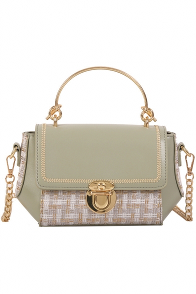 Chic Plaid Pattern Metal Buckle Top Handle Straw Crossbody Satchel with Chain Strap 17*13*9 CM
