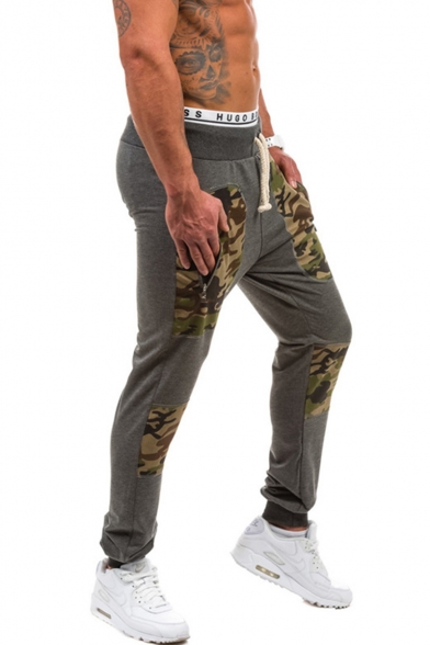 Cool Fashion Camouflage Patched Drawstring Waist Casual Sport Cotton Sweatpants