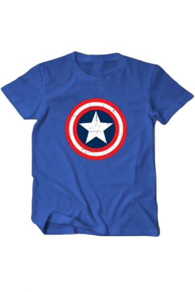 Cool Simple Star Shield Printed Round Neck Short Sleeve Casual Cotton Tee