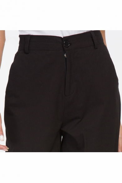Cool Stylish Plain High Waist Button Zip-Front Ankle Grazer Cargo Pants