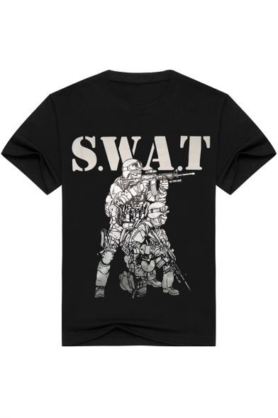 Cool SWAT Figure with Gun Print Black Short Sleeve Cotton T-Shirt