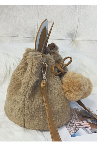Cute Rabbit Ear Patched Solid Color Plush Crossbody Bucket Bag for Girls 18*17*17 CM