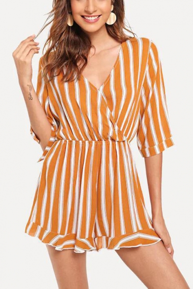 Fancy Summer Womens Striped Print Plunge V Neck Half Sleeve Casual Romper