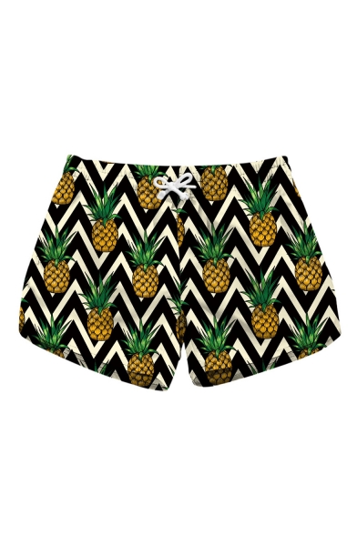 Fancy Zigzag Stripe Pineapple Printed Drawstring Waist Womens Swimwear Beach Shorts