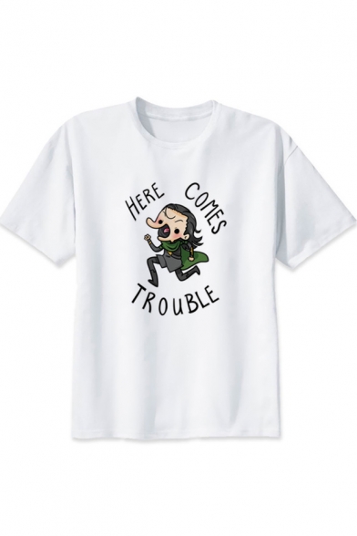 Funny Cartoon Figure Letter HERE COMES TROUBLE Print White Short Sleeve Tee