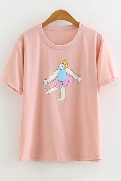 Funny Cartoon Figure Print Basic Short Sleeve Pink Tee for Girls