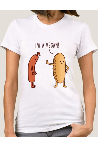 Funny Cartoon Letter I'M A VEGAN Printed White Short Sleeve Casual Tee
