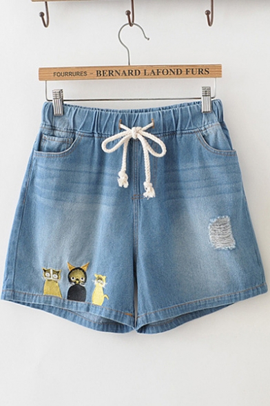 Girls Cartoon Cat Embroidery Drawstring Waist Loose Fit Light Blue Denim Shorts