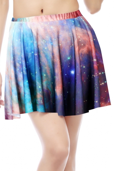 Girls Fashion 3D Galaxy Print Elasticated-Waist Mini Skater Skirt