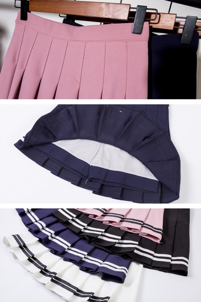 Girls Fashion Preppy Style Simple Striped Hem Mini A-Line Pleated Skirt