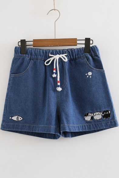 Girls Lovely Cartoon Cat Fish Embroidery Drawstring Waist Loose Fit Denim Shorts
