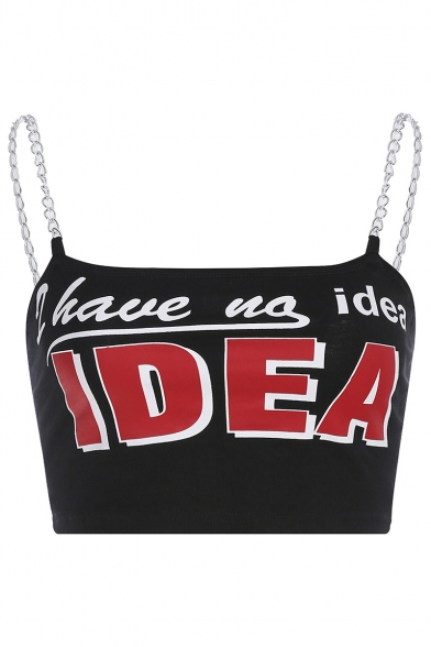 Girls Summer Cool Simple Letter IDEA Printed Chain Strap Cropped Black Cami