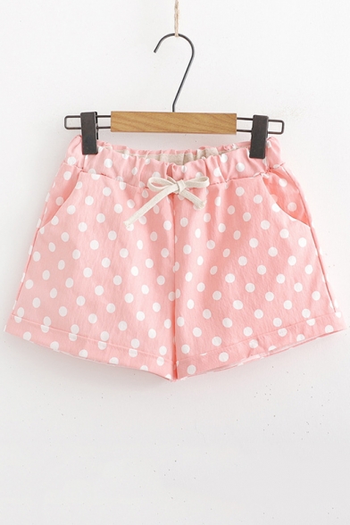 Girls Summer Fashion Drawstring Waist Polka Dot Printed Leisure Linen Shorts