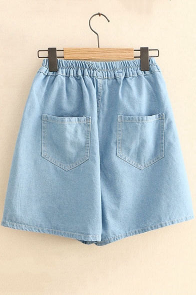 Girls Summer Lovely Watermelon Embroidery Elastic Waist Loose Fitted Denim Shorts