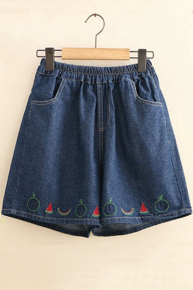 Girls Summer Lovely Watermelon Embroidery Elastic Waist Loose Fitted Denim Shorts