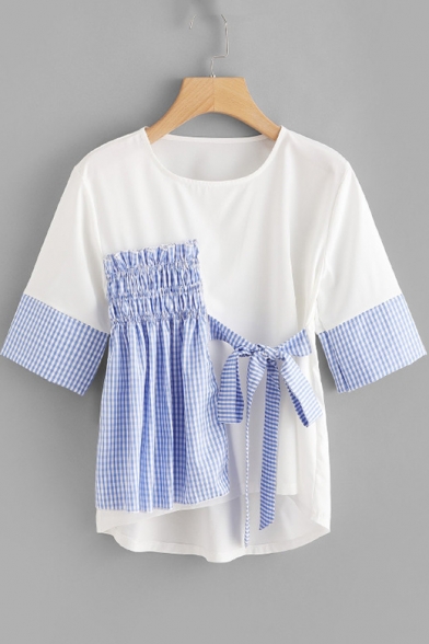 Girls Unique Plaid Patched Bow-Tied Detail Round Neck White T-Shirt