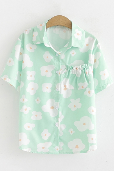 Girls Unique Sweet Floral Print Short Sleeve Button Down Shirt