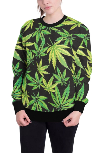 Green Weed Leaf Print Basic Crewneck Long Sleeve Loose Leisure Sweatshirt