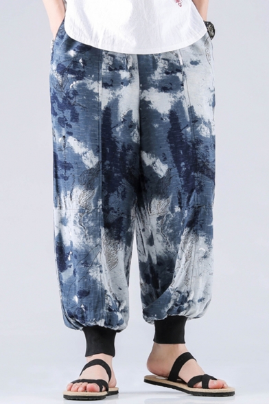 Guys Chinese Style New Fashion Unique Printed Casual Linen Bloom Pants Vintage Wide Leg Pants