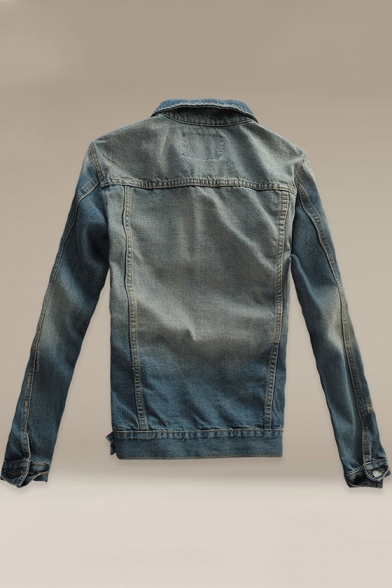 Guys Cool Washed Blue Vintage Bleached Long Sleeve Fitted Denim Jacket