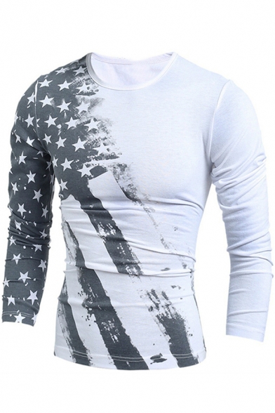 Guys Fashion Star Flag Print Round Neck Long Sleeve Slim Fitted T-Shirt