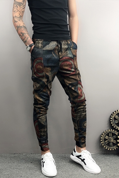 Guys New Fashion Unique Printed Stretched Slim Fit Casual Drawstring Waist Pencil Pants