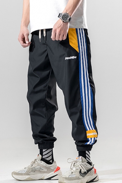 Guys Street Style Fashion Letter Embroidery Contrast Stripe Side Drawstring Waist Casual Loose Track Pants