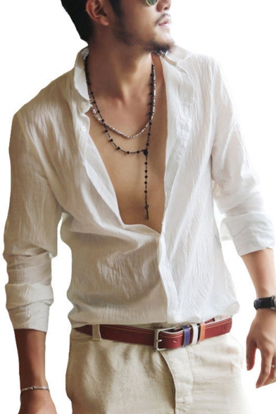 Guys Summer Holiday Fashion Washed Simple Plain Long Sleeve Casual Linen Shirt