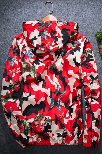 Guys Unique Camo Butterfly Printed Long Sleeve Outdoor Lightweight UV Protection Zip Up Hooded Jacket