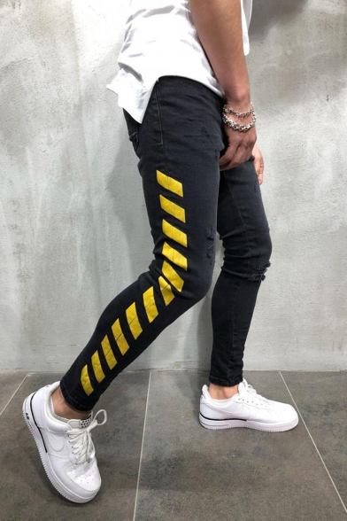 Hot Fashion Letter Yellow Diagonal Stripes Side Men's Black Ripped Jeans