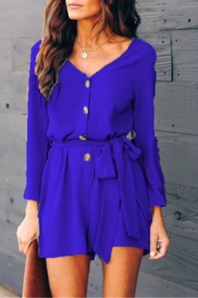 Hot Fashion Plain V-Neck Long Sleeves Tie-Waist Button Front Vacation Romper for Women