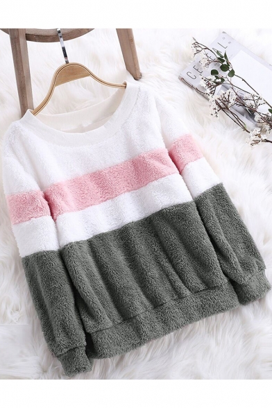 Hot Popular Colorblock Round Neck Long Sleeve Fluffy Fleece Casual Sweatshirt