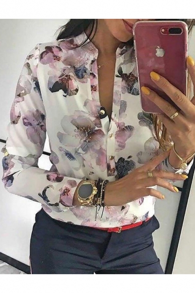 Hot Popular Vintage White Floral Printed Stand Collar Long Sleeve Button Down Shirt Blouse