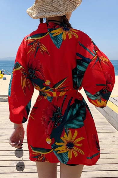 Hot Stylish Sunflower Leaf Printed Tie Waist Chiffon Holiday Beach Sunscreen Cardigan Shirt