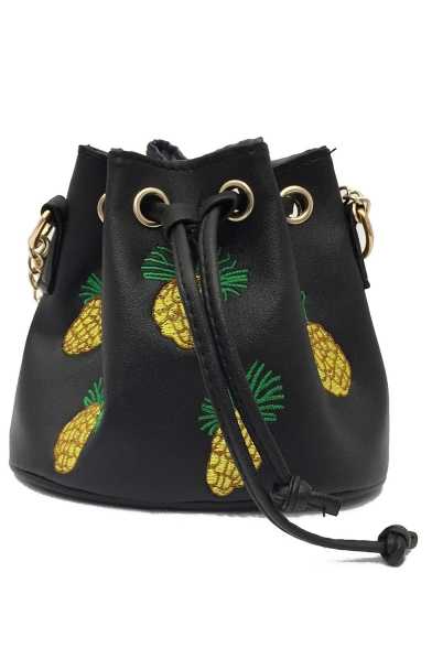 Lovely Pineapple Embroidery Pattern Drawstring Bucket Bag 18*15*12 CM