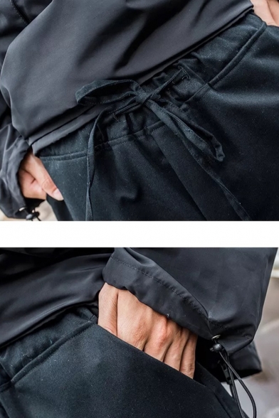 Men's Cool Fashion Solid Color Buckle Strap Embellished Street Trendy Black Multi-pocket Loose Cargo Pants