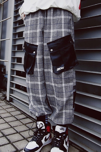 Men's Designer Fashion Plaid Pattern Double Flap Pocket Vintage Street Trendy Grey Cargo Pants