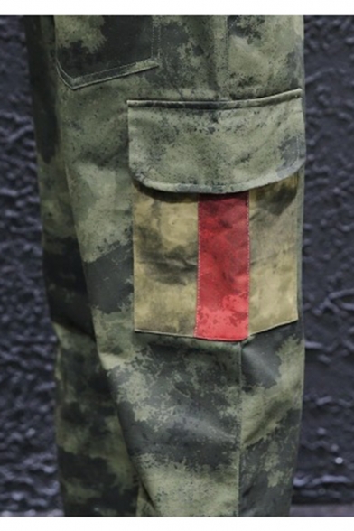 Men's Fashion Cool Camouflage Printed Contrast Striped Flap Pocket Drawstring Waist Army Green Cargo Pants