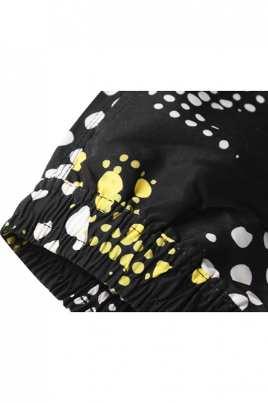 Men's Fashion Pattern Black Casual Drawstring Waist Sport Swim Trunks with Pockets