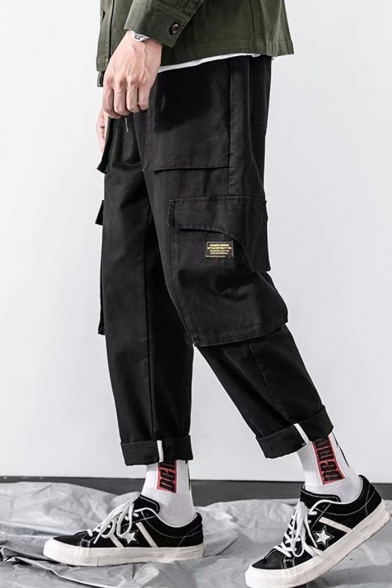 Men's Fashion Simple Plain Multi-pocket Rolled Cuffs Cotton Cargo Pants for Men