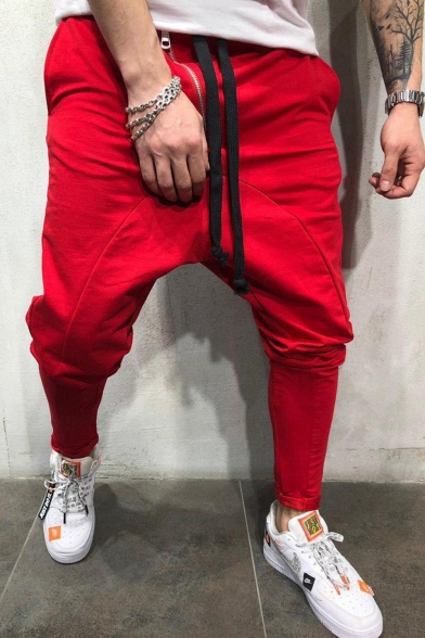 Men's Fashion Solid Color Zipper Embellishment Drop-Crotch Drawstring Waist Joggers Hip Hop Harem Pants