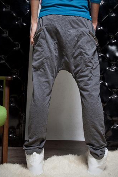 Men's Fashion Zipper Ribbon Embellishment Drop-Crotch Drawstring Waist Plain Cotton Joggers Harem Pants