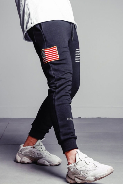 Men's New Fashion Letter Printed American Flag Patched Drawstring Waist Black Casual Sports Pencil Pants
