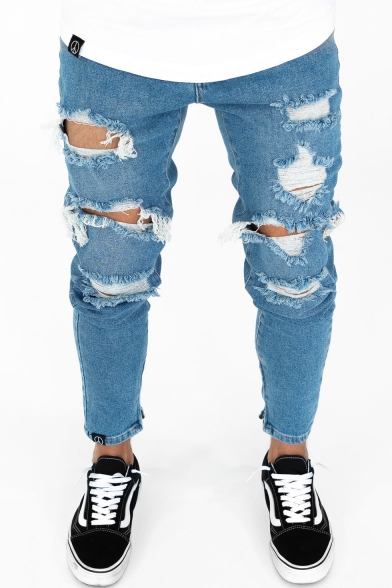 Men's New Stylish Solid Color Washed Blue Skinny Frayed Ripped Jeans with Holes