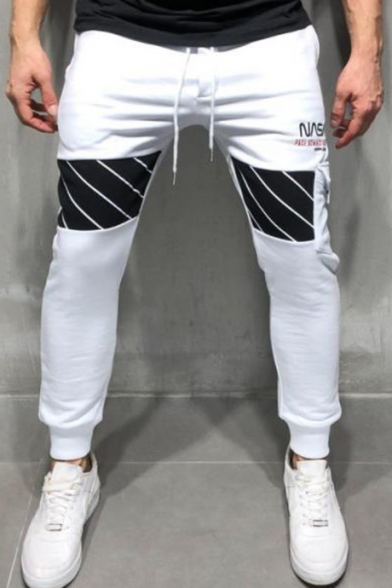 Men's Popular Fashion Letter NASA Diagonal Stripes Printed Drawstring Waist Slim Fit Sports Sweatpants