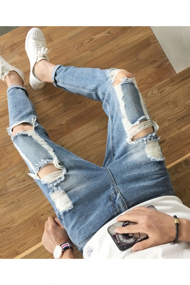 Men's Popular Fashion Simple Plain Knee Cut Rolled Cuffs Light Blue Retro Ripped Jeans